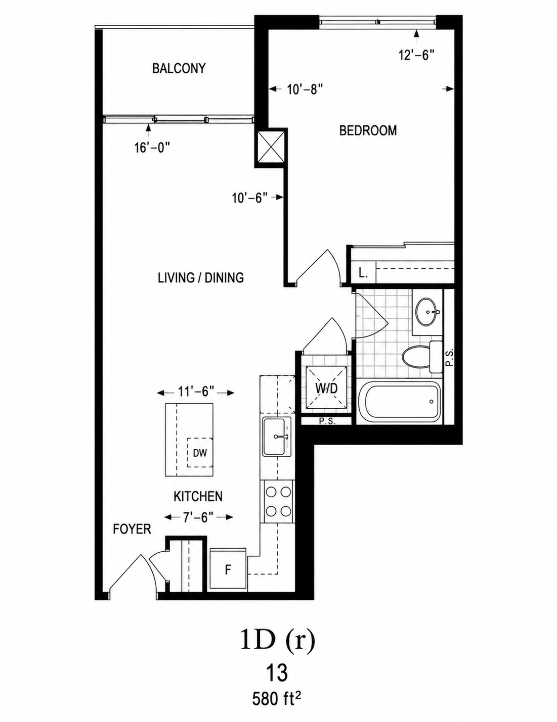 Floor Plan — Model 1D · ~580 sq ft